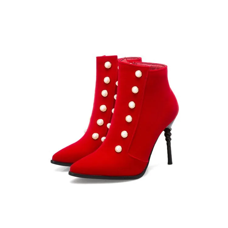 Women Pointed Toe Pearl Stiletto High Heel Ankle Boots