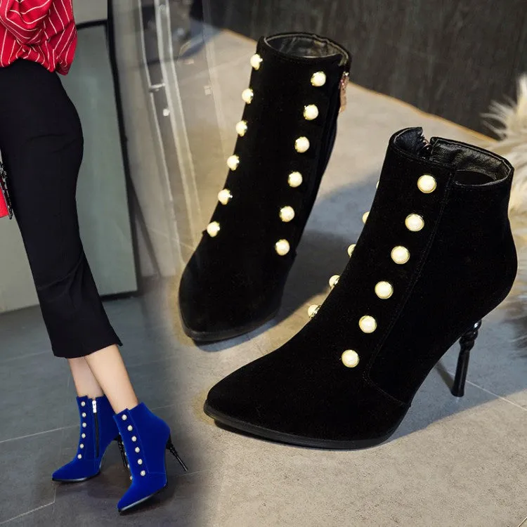 Women Pointed Toe Pearl Stiletto High Heel Ankle Boots