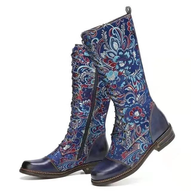 Women retro flower lace up side zipper chunky heel boots