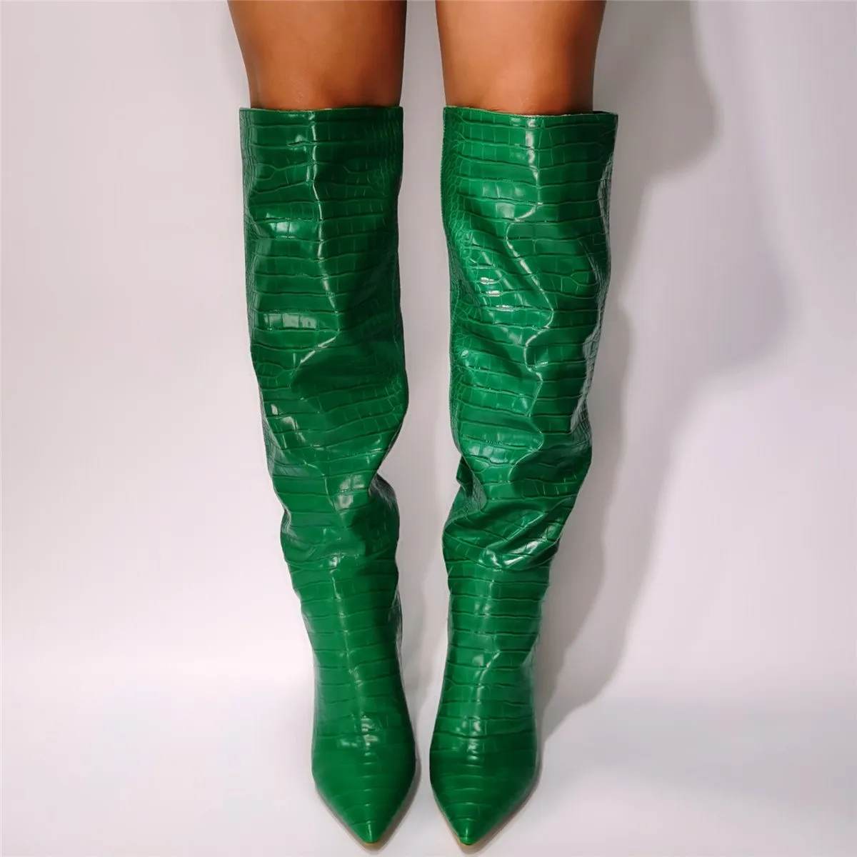 Women sexy snakeskin green stiletto high heel knee high boots