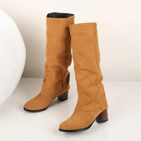 Women square chunky heel knight mid calf boots