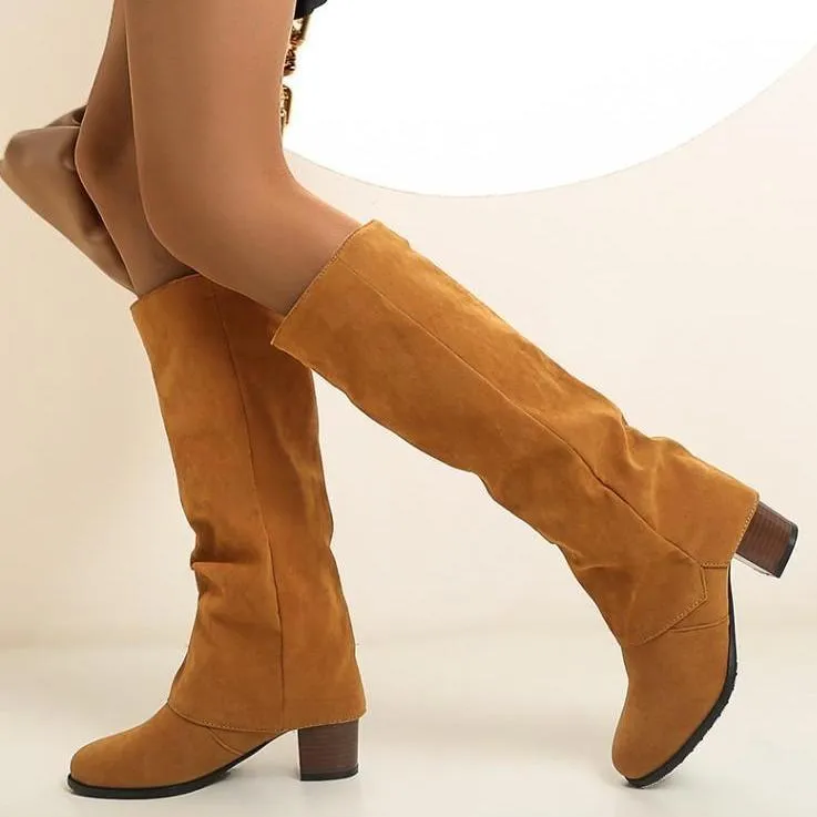 Women square chunky heel knight mid calf boots