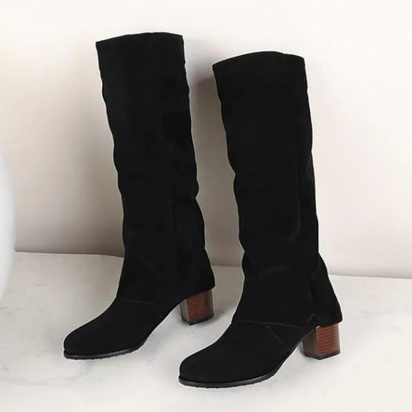 Women square chunky heel knight mid calf boots