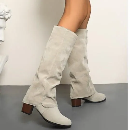 Women square chunky heel knight mid calf boots