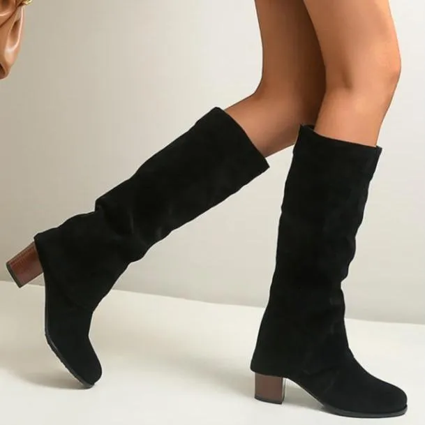 Women square chunky heel knight mid calf boots