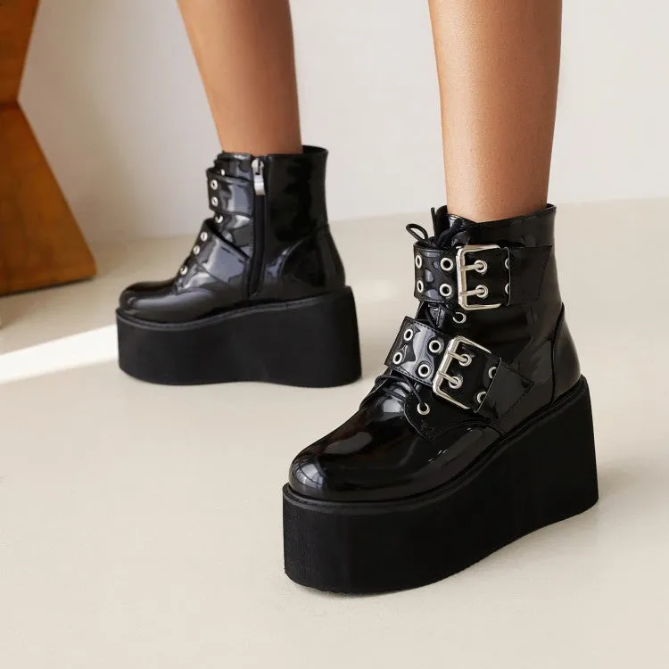 Women's Booties Glossy Round Toe Double Buckle Straps Wedge Heel Platform Short Boots