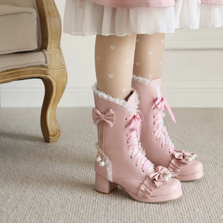 Women's Lace Tied Straps Bow Tie Block Chunky Heel Mid-Calf Boots