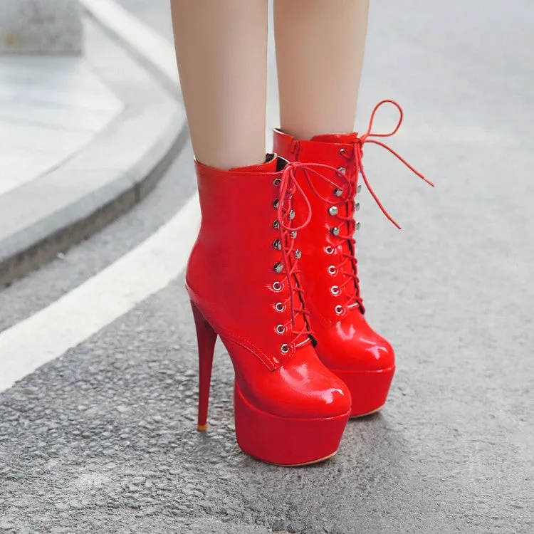 Women's Pu Leather Almond Toe Tied Belts Stiletto Heel Platform Short Boots