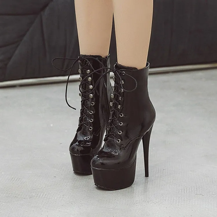 Women's Pu Leather Almond Toe Tied Belts Stiletto Heel Platform Short Boots