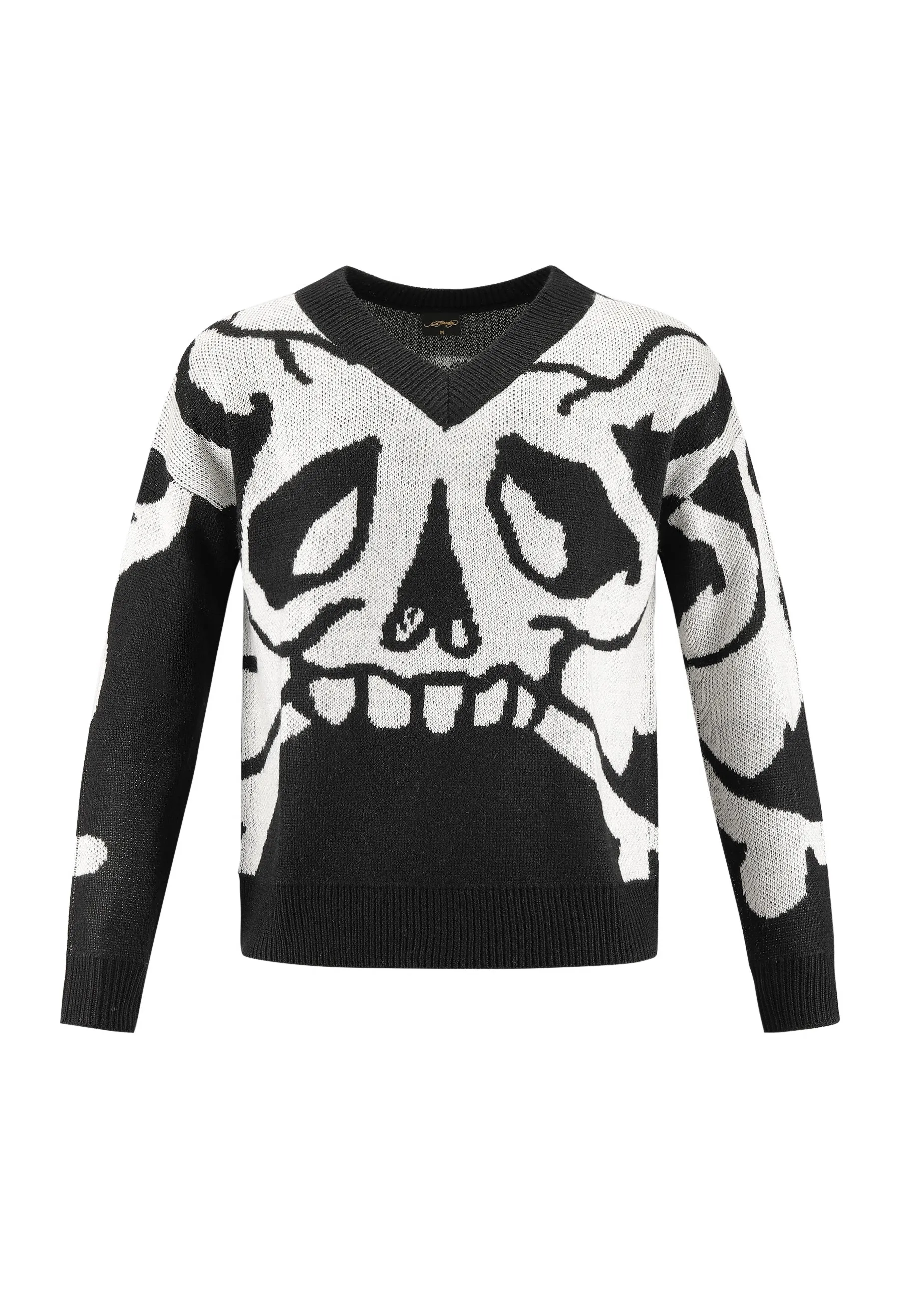 Womens Xl Skull V Neck Jaquard Knitted Jumper - Black/White