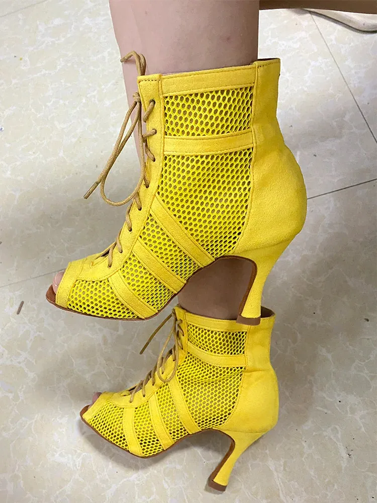 Yellow Suede Latin Ballroom Dancing Boots Soft Insole Latin Dance Shoes