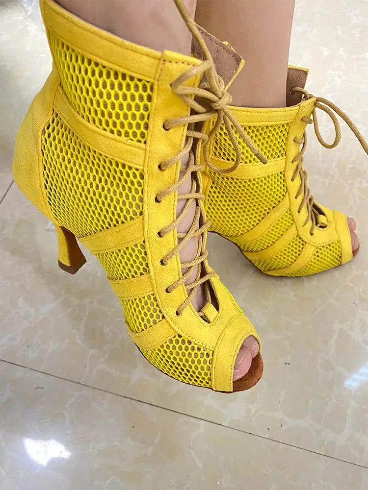 Yellow Suede Latin Ballroom Dancing Boots Soft Insole Latin Dance Shoes