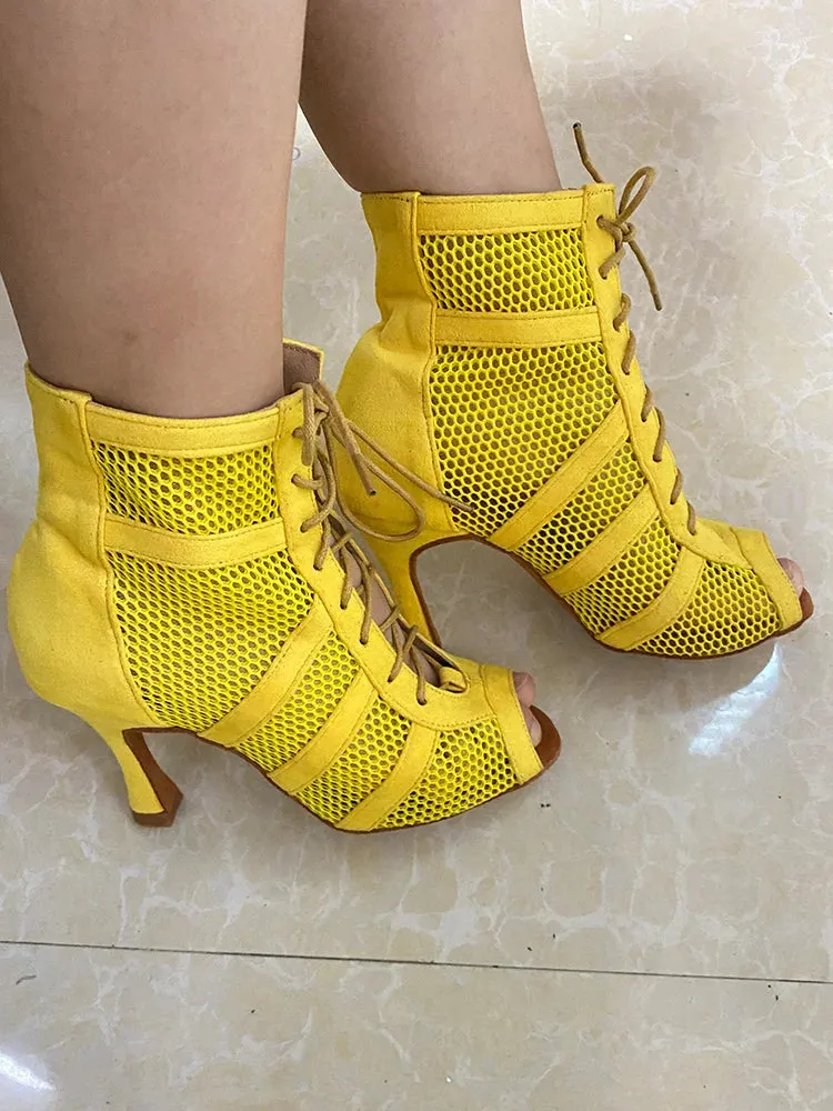 Yellow Suede Latin Ballroom Dancing Boots Soft Insole Latin Dance Shoes